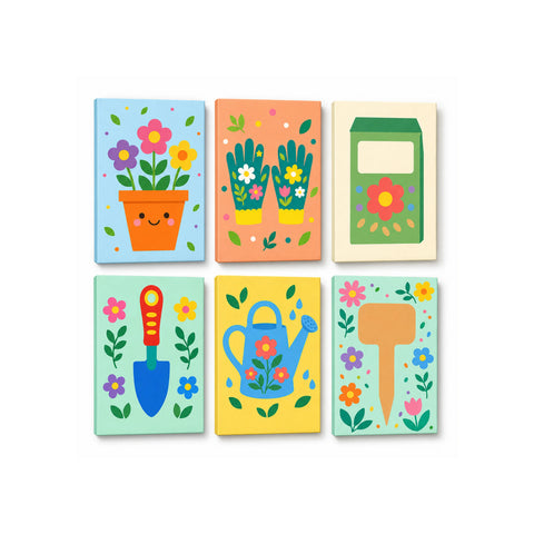 Colorful mini Paint by Numbers Set featuring smiling flower pot, floral gardening gloves, seed packet, garden trowel, watering can and flower-framed garden sign illustrations by PaintEasy
