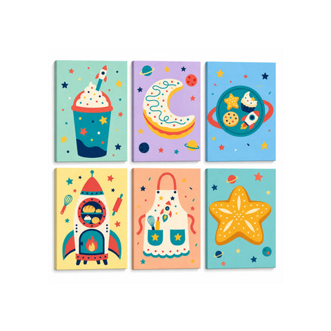 Colorful mini Paint by Numbers Set featuring rocket cupcake, moon cookie, space dessert plate, rocket bakery oven, baker apron and star cookie illustrations by PaintEasy