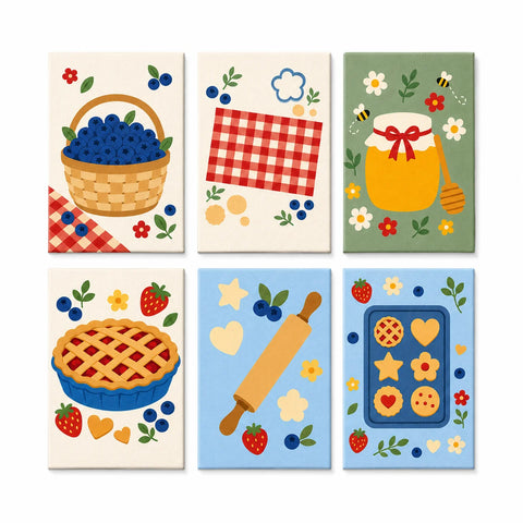 Kids baking mini set with blueberry basket, honey jar, fruit pie, rolling pin and cookie tray food illustrations Paint by Numbers Kit by PaintEasy