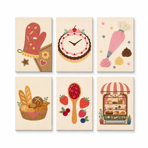 Kids bakery mini set with cake, frosting piping bag, bread basket, berry spoon, baking mitten and bakery shop window food illustrations Paint by Numbers Kit by PaintEasy