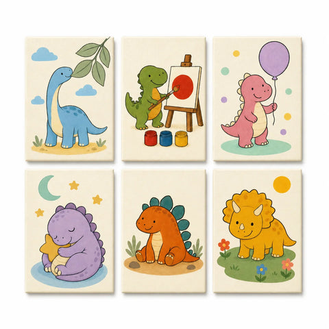 Kids dinosaur mini set with cute dinosaur characters, balloon dinosaur, painting dinosaur, sleepy dinosaur and triceratops illustrations Paint by Numbers Kit by PaintEasy