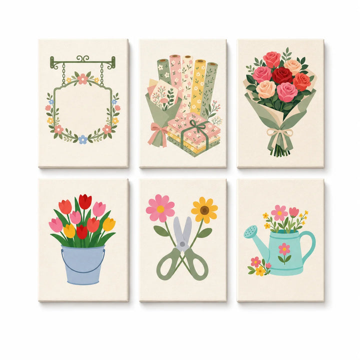 Kids flower shop mini set with rose bouquet, tulip bucket, watering can, floral wrapping paper and gardening tools illustrations Paint by Numbers Kit by PaintEasy