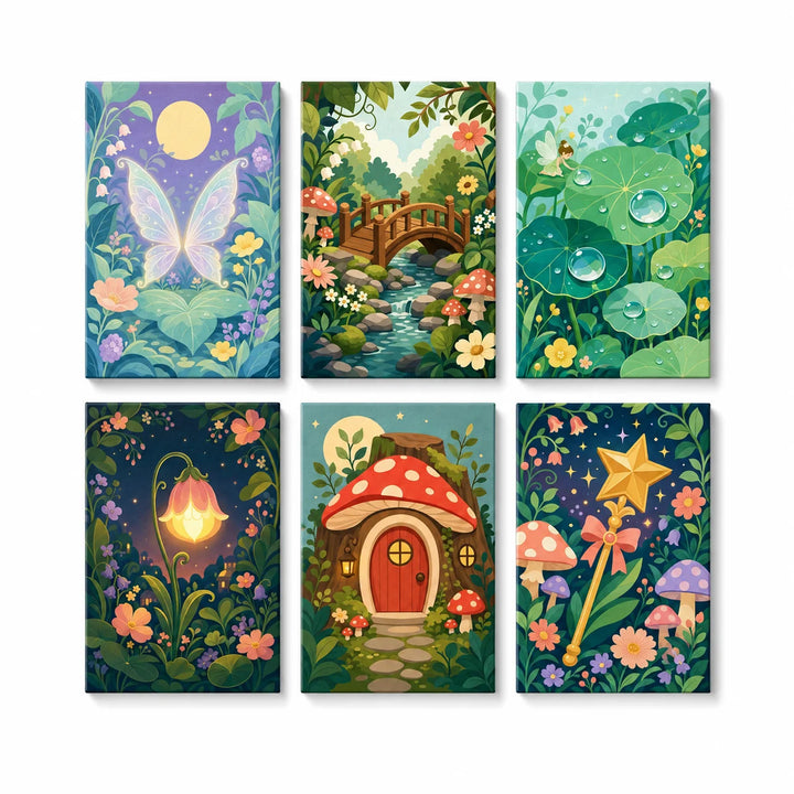 Kids fairy garden mini set with mushroom house, butterfly garden, woodland bridge, magical plants and fantasy illustrations Paint by Numbers Kit by PaintEasy