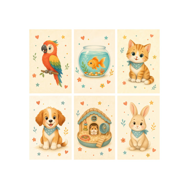 Kids pet friends mini set with parrot, fish bowl, kitten, puppy, hamster house and bunny animal illustrations Paint by Numbers Kit by PaintEasy