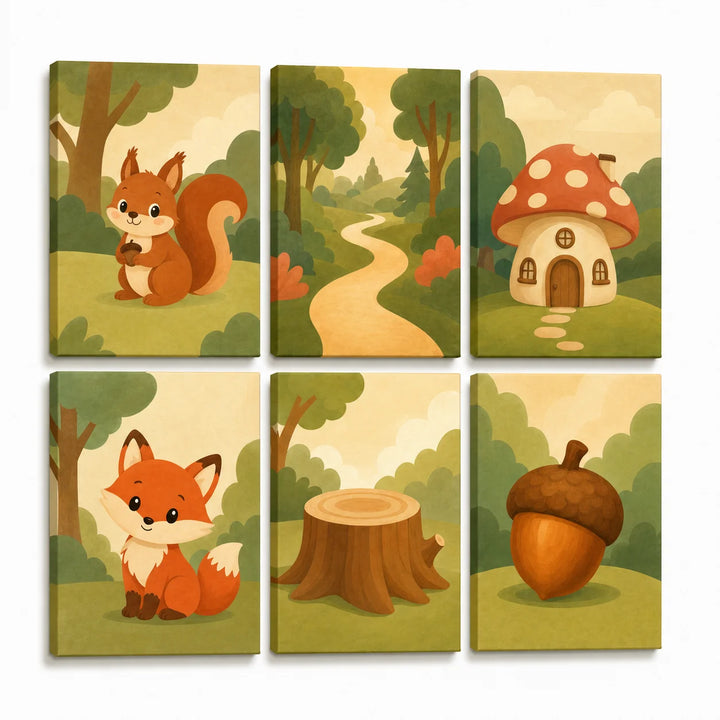 Kids woodland animals mini set with squirrel, fox, mushroom house, forest path, tree stump and acorn nature illustrations Paint by Numbers Kit by PaintEasy