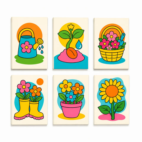 Kids gardening mini set with watering can, flower basket, gardening boots, flower pot, sunflower and plant illustrations Paint by Numbers Kit by PaintEasy
