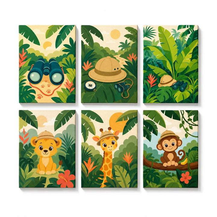 Kids jungle adventure mini set with safari animals, binoculars, explorer hat, lion, giraffe, monkey and tropical plants Paint by Numbers Kit by PaintEasy