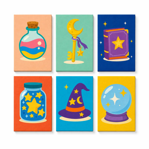 Kids magic fantasy mini set with potion bottle, wizard hat, spell book, moon wand, star jar and crystal ball illustrations Paint by Numbers Kit by PaintEasy