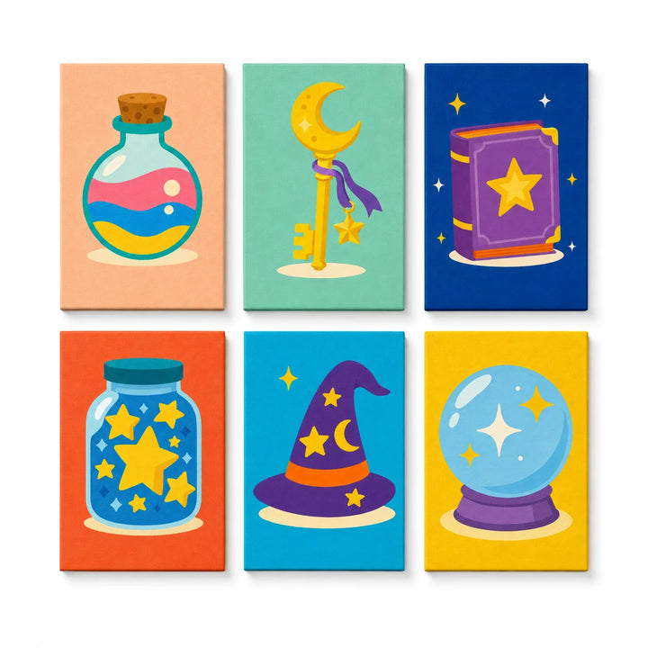Kids magic fantasy mini set with potion bottle, wizard hat, spell book, moon wand, star jar and crystal ball illustrations Paint by Numbers Kit by PaintEasy