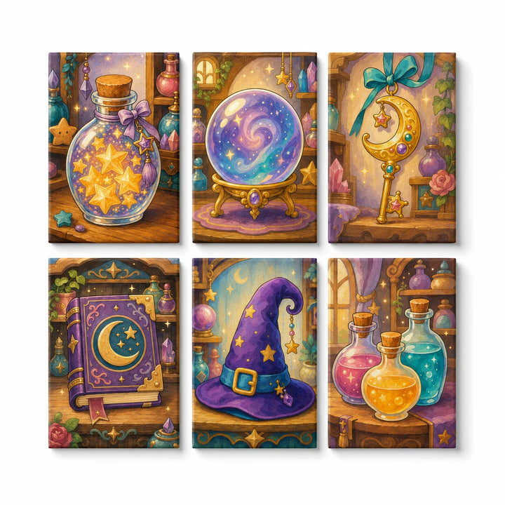 Kids wizard workshop mini set with magic potion bottles, crystal ball, spell book, moon wand, wizard hat and fantasy illustrations Paint by Numbers Kit by PaintEasy
