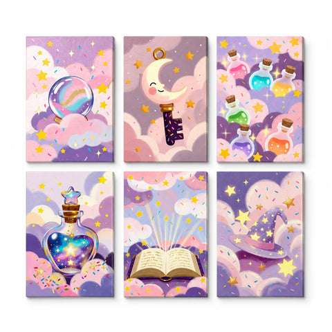 Kids wizard workshop mini set with magic potion bottles, crystal ball, spell book, moon wand, wizard hat and fantasy illustrations Paint by Numbers Kit by PaintEasy