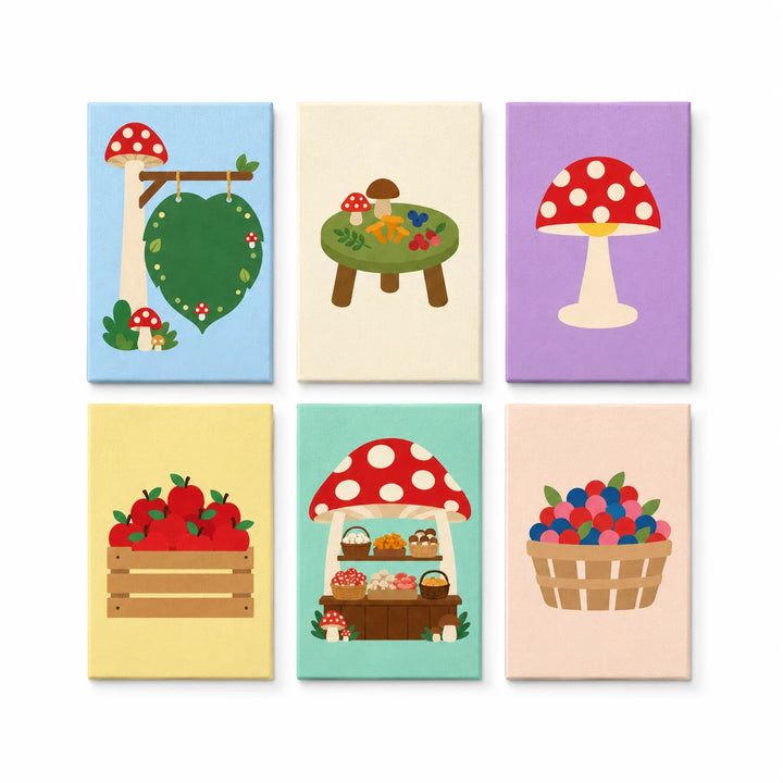 Kids mushroom garden mini set with mushroom shop, forest market, berry basket, apple crate and nature illustrations Paint by Numbers Kit by PaintEasy