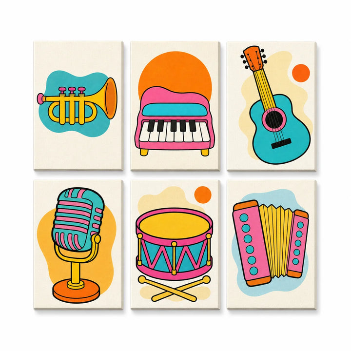 Kids music instrument mini set with guitar, piano, trumpet, microphone, drum and accordion illustrations Paint by Numbers Kit by PaintEasy