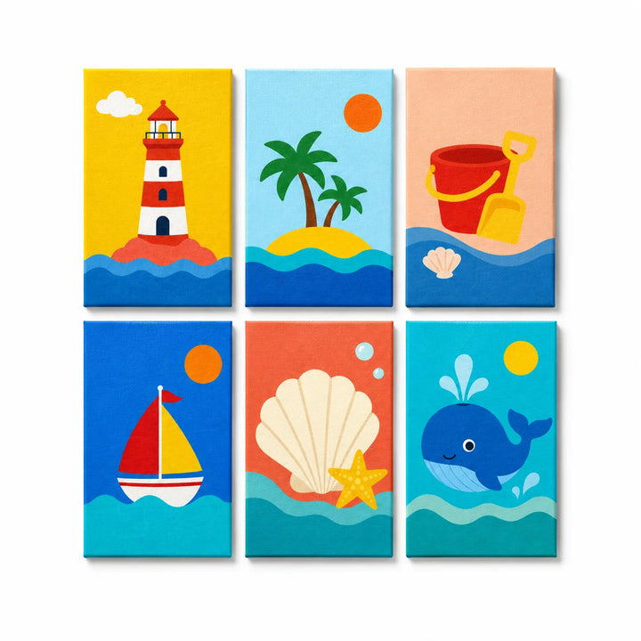 Colorful kids Mini Paint by Numbers Set with lighthouse, sailboat, whale, tropical island, beach bucket, seashell and ocean scenes