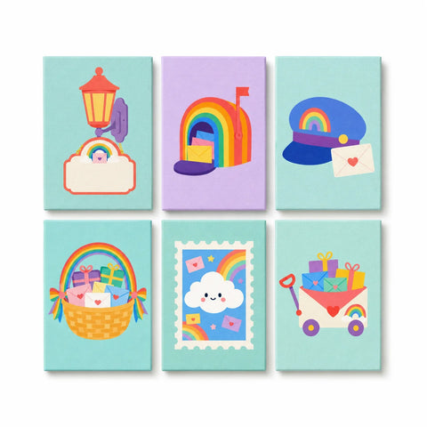Kids rainbow mini Paint by Numbers Set with colorful mailbox, gift basket, cloud stamp, rainbow envelope and delivery cart scenes