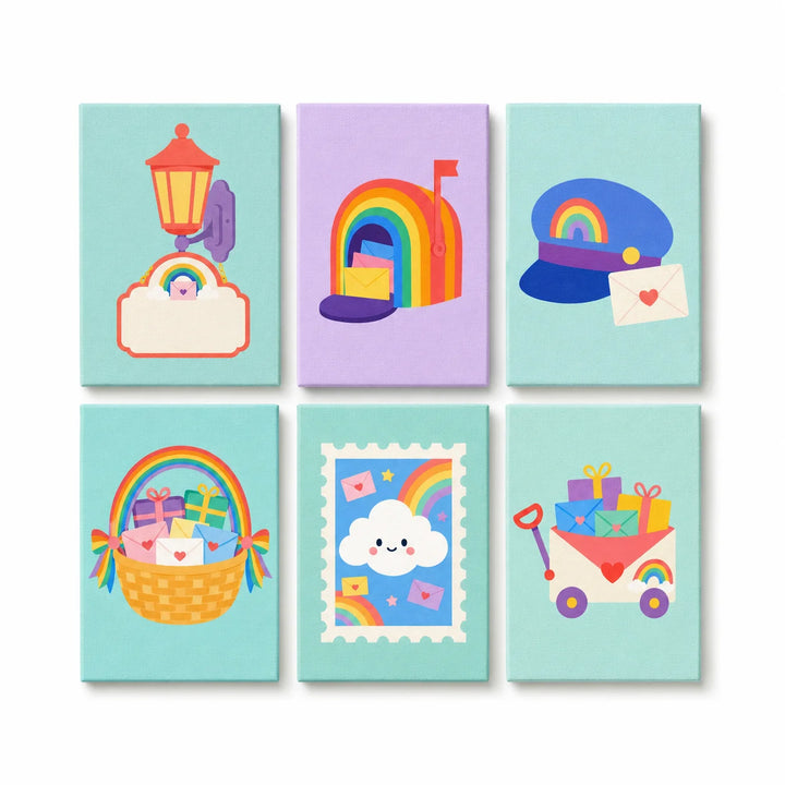 Kids rainbow mini Paint by Numbers Set with colorful mailbox, gift basket, cloud stamp, rainbow envelope and delivery cart scenes