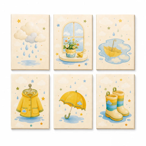 Kids rainy day Mini Paint by Numbers Set with yellow umbrella, raincoat, rain boots, window flowers, clouds and puddle scenes