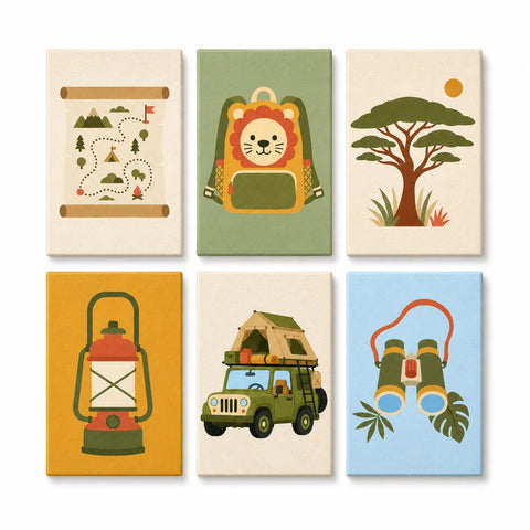 Kids safari adventure Mini Paint by Numbers Set with lion backpack, treasure map, camping vehicle, lantern, binoculars and nature scenes