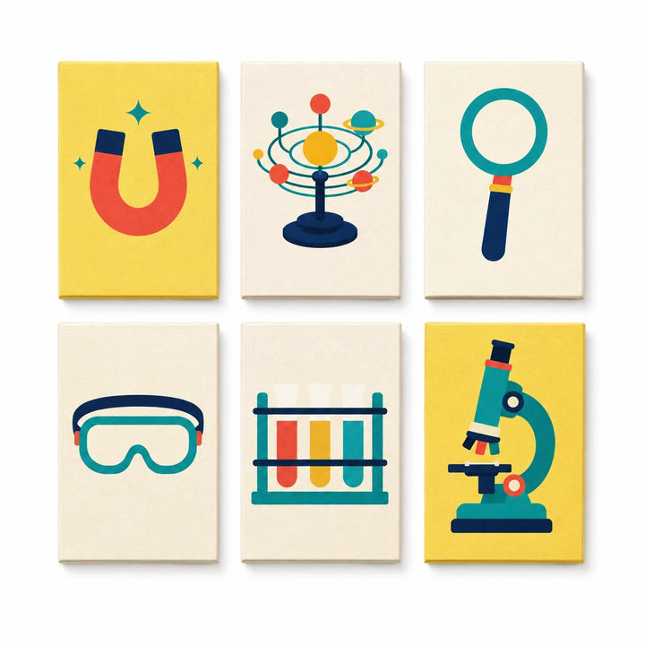 Kids science discovery Mini Paint by Numbers Set with magnet, planets, magnifying glass, goggles, test tubes and microscope designs