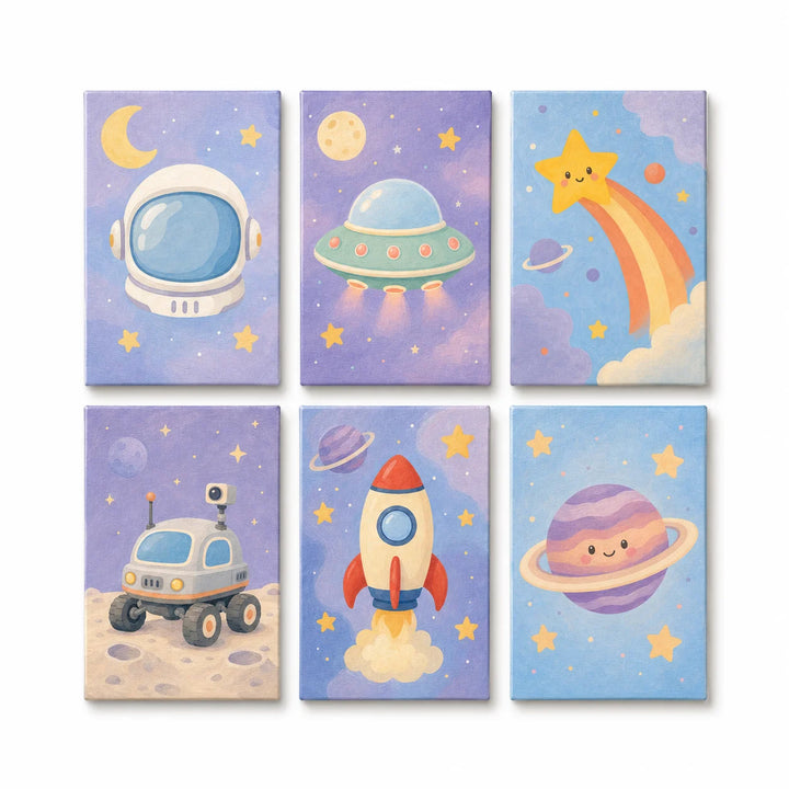 Kids space adventure Mini Paint by Numbers Set with astronaut helmet, rocket, UFO, moon rover, planets and star scenes
