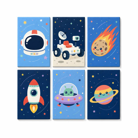 Kids space exploration Mini Paint by Numbers Set with astronaut helmet, moon rover, rocket, UFO, meteor and planet scenes