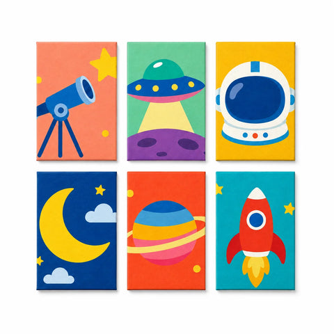 Six-piece space adventure mini paint by numbers set featuring a telescope, UFO, astronaut helmet, crescent moon, colorful planet, and rocket in bright cosmic colors