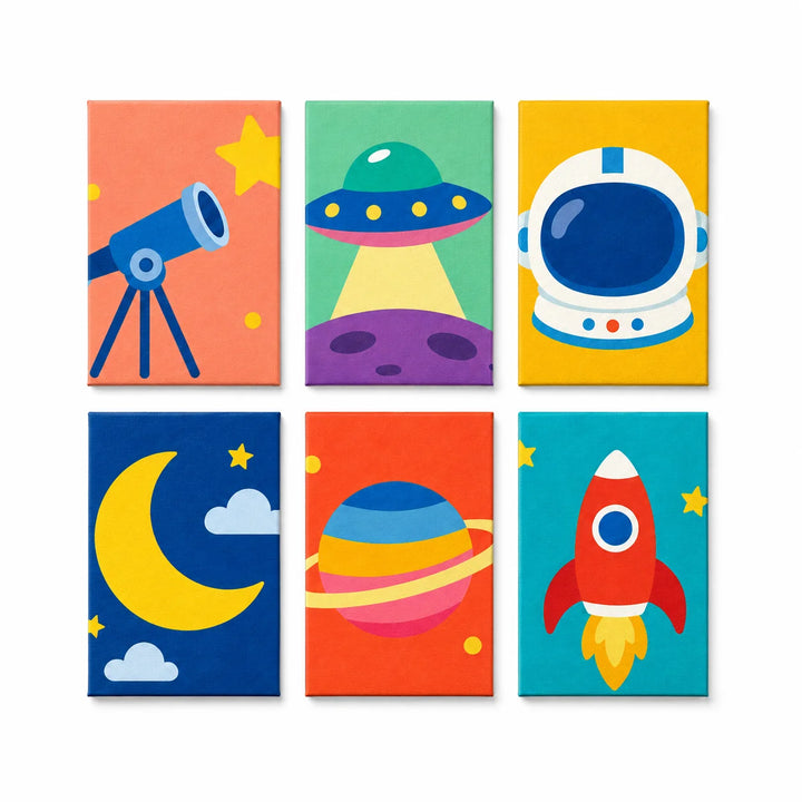 Six-piece space adventure mini paint by numbers set featuring a telescope, UFO, astronaut helmet, crescent moon, colorful planet, and rocket in bright cosmic colors