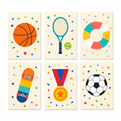 Paint by numbers mini set featuring six colorful sports designs with basketball, tennis racket and ball, swim ring, skateboard, gold medal, and soccer ball with playful confetti accents.