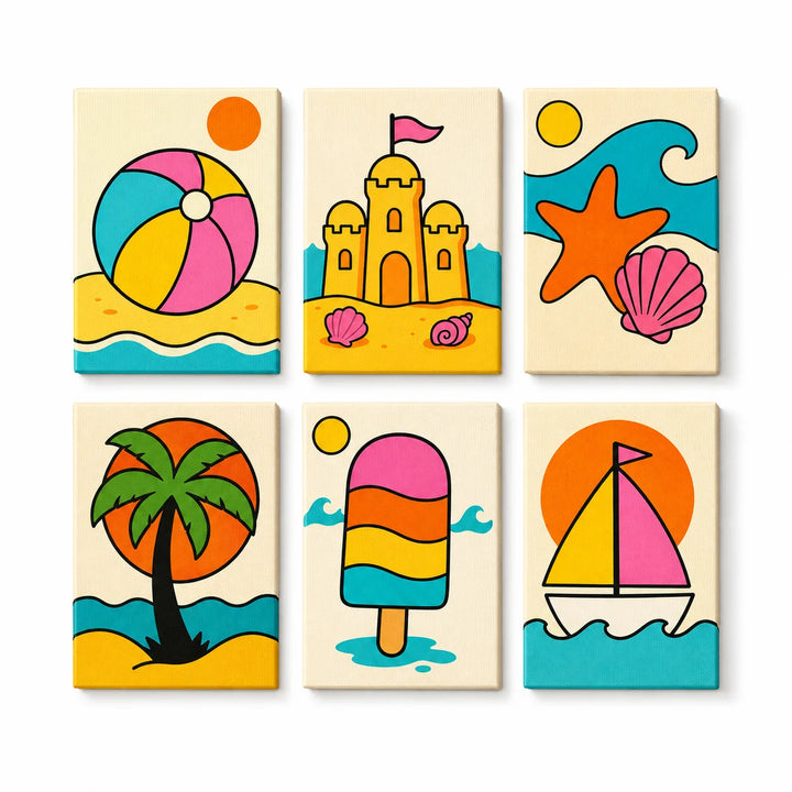 Kids summer beach Mini Paint by Numbers Set with beach ball, sandcastle, seashell, palm tree, popsicle and sailboat scenes