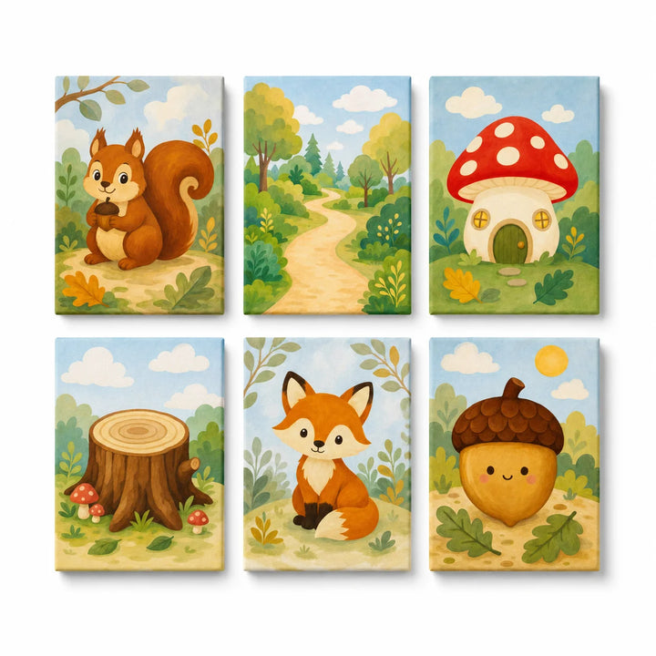 Kids woodland forest Mini Paint by Numbers Set with squirrel, fox, mushroom house, tree stump, acorn and nature path scenes