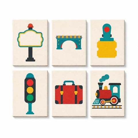 Kids transportation Mini Paint by Numbers Set with train, railway bridge, traffic light, ticket, suitcase and locomotive scenes