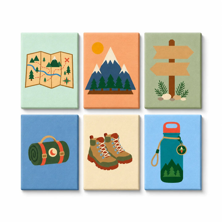 Six-piece outdoor adventure mini paint by numbers set featuring a hiking map, mountain landscape, trail sign, sleeping bag, hiking boots, and camping water bottle