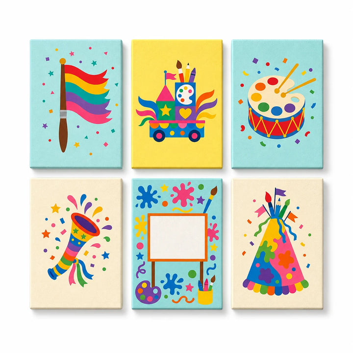 Paint by numbers mini set featuring six colorful kids art designs with a rainbow flag, art supply cart, paint palette and drum, party horn, painting canvas, and creative art hat.