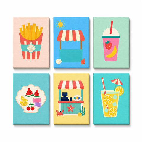 Kids summer food Mini Paint by Numbers Set with french fries, lemonade, beach snack stand, fruit dessert and drink scenes