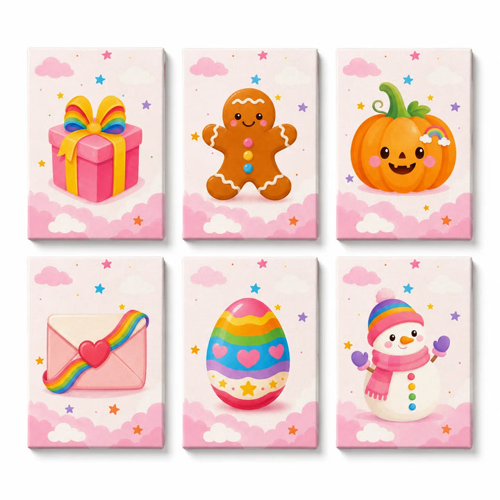 Mini Paint by Numbers Set (6 in) for kids with Halloween and Christmas holiday icons including pumpkin, gingerbread cookie, snowman, gift box, envelope and festive designs