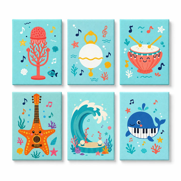 Mini Paint by Numbers Set (6 in) for kids with whale piano, starfish guitar, drum, microphone, ocean wave, seashell and colorful underwater music designs