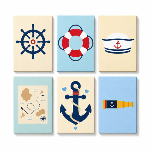 Mini Paint by Numbers Set (6 in) for kids with ship wheel, anchor, sailor hat, treasure map, life buoy and telescope ocean adventure designs
