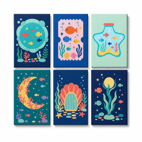 Mini Paint by Numbers Set (6 in) for kids with fish aquarium, coral reef, colorful sea creatures, underwater plants, seashells and ocean world designs