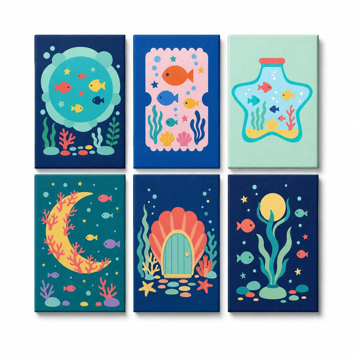 Mini Paint by Numbers Set (6 in) for kids with fish aquarium, coral reef, colorful sea creatures, underwater plants, seashells and ocean world designs