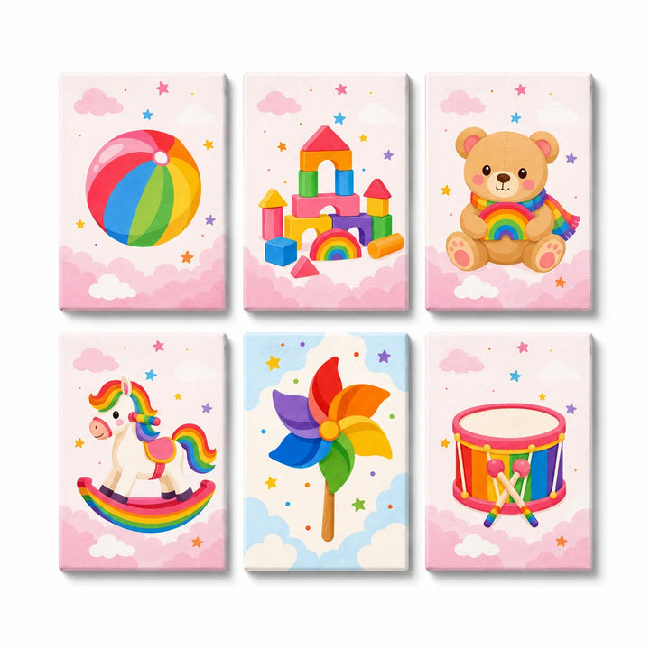 Mini Paint by Numbers Set (6 in) for kids with rainbow ball, teddy bear, unicorn rocking horse, building blocks, pinwheel and toy drum designs