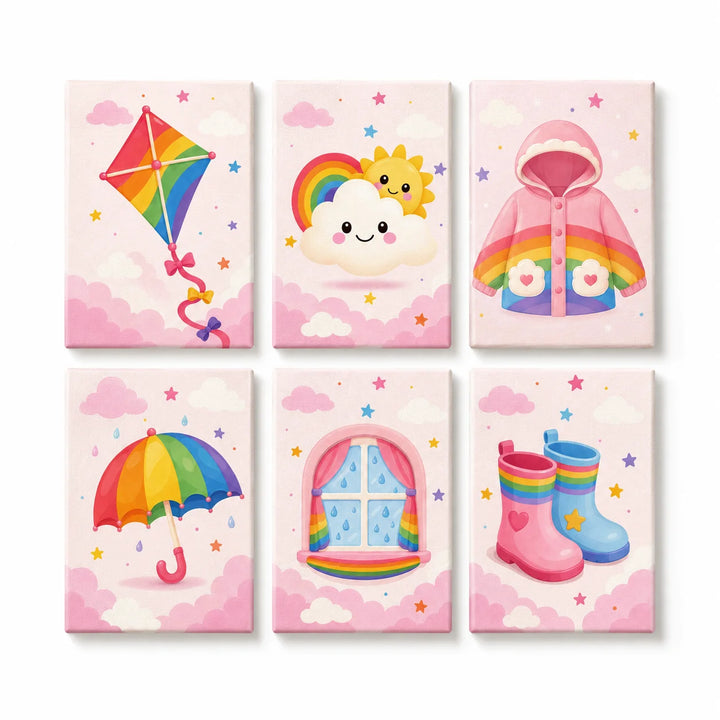 Mini Paint by Numbers Set (6 in) for kids with rainbow kite, smiling cloud sun, colorful raincoat, umbrella, rainy window and rainbow boots designs