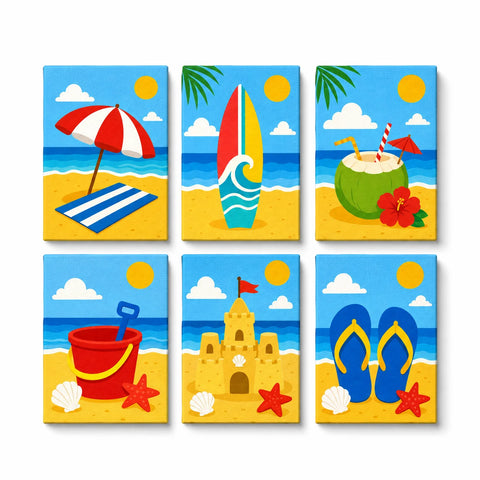 Mini Paint by Numbers Set (6 in) for kids with beach umbrella, surfboard, coconut drink, sand bucket, sandcastle and flip-flops summer designs