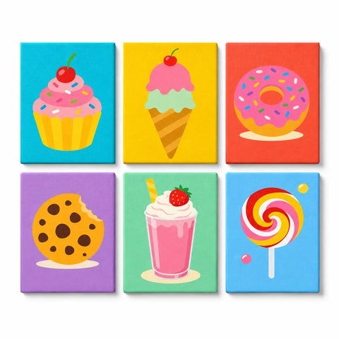 Mini Paint by Numbers Set (6 in) for kids with cupcake, ice cream cone, donut, chocolate chip cookie, strawberry milkshake and rainbow lollipop dessert designs