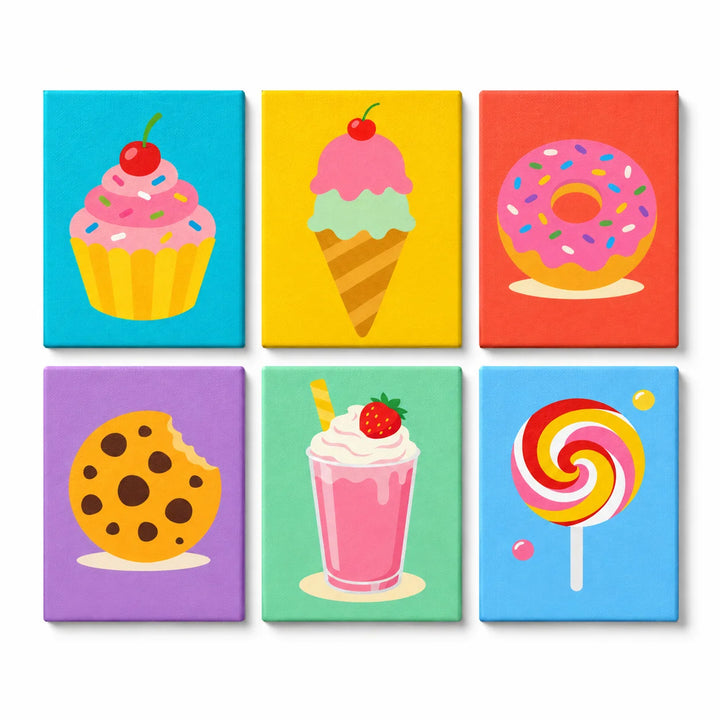 Mini Paint by Numbers Set (6 in) for kids with cupcake, ice cream cone, donut, chocolate chip cookie, strawberry milkshake and rainbow lollipop dessert designs