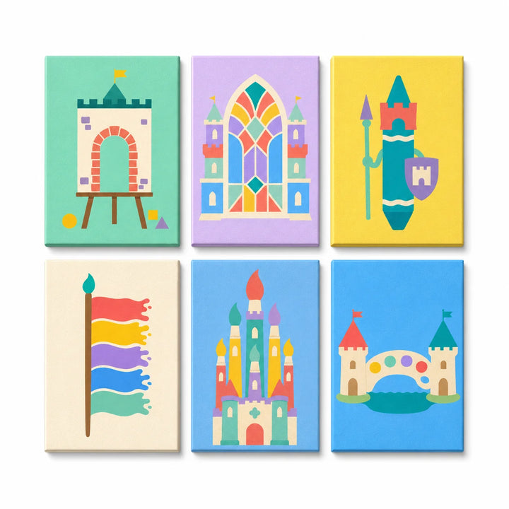 Mini Paint by Numbers Set (6 in) for kids with fairy tale castles, royal towers, stained glass window, knight shield, flags and fantasy kingdom designs
