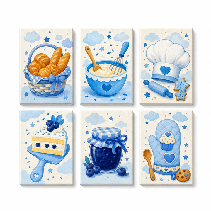 Mini Paint by Numbers Set (6 in) for kids with bread basket, blueberry cake, baking bowl, chef hat, jam jar, cupcake oven mitt and sweet kitchen designs