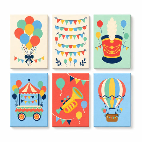 Mini Paint by Numbers Set (6 in) for kids with colorful balloons, carnival banners, party hat, carnival cart, trumpet and hot air balloon celebration designs