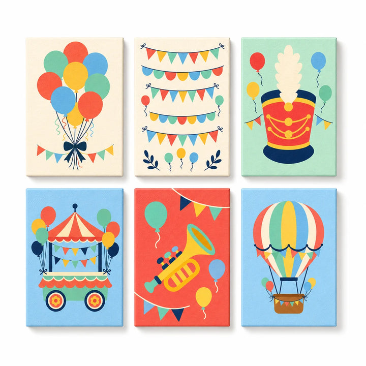 Mini Paint by Numbers Set (6 in) for kids with colorful balloons, carnival banners, party hat, carnival cart, trumpet and hot air balloon celebration designs