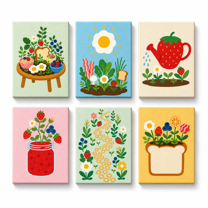 Mini Paint by Numbers Set (6 in) For Kids with strawberry garden, vegetable patch, watering can, jam jar, flower pathway and garden toast designs