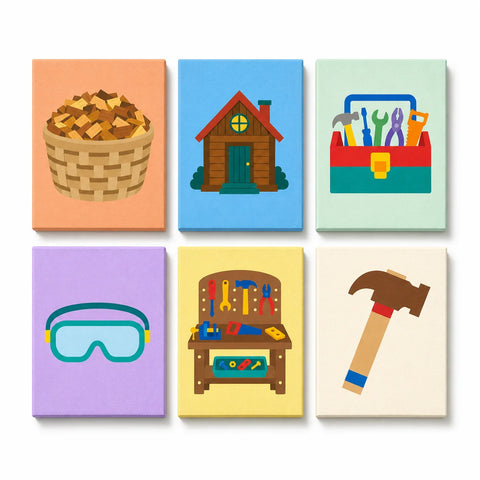 Mini Paint by Numbers Set (6 in) For Kids with toolbox, hammer, workbench, safety goggles, cabin and builder workshop designs